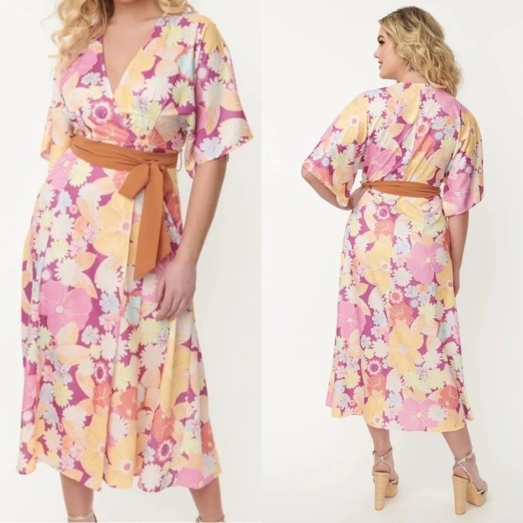 Nwt Unique Vintage X Smiley Purple Florals Wrap Midi Dress Size 1x